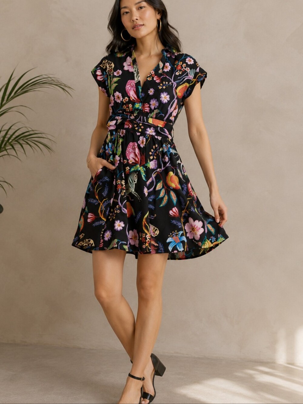 Anthropologie Maeve Black Floral-Print Short Sleeve V-Neck Mini Dress